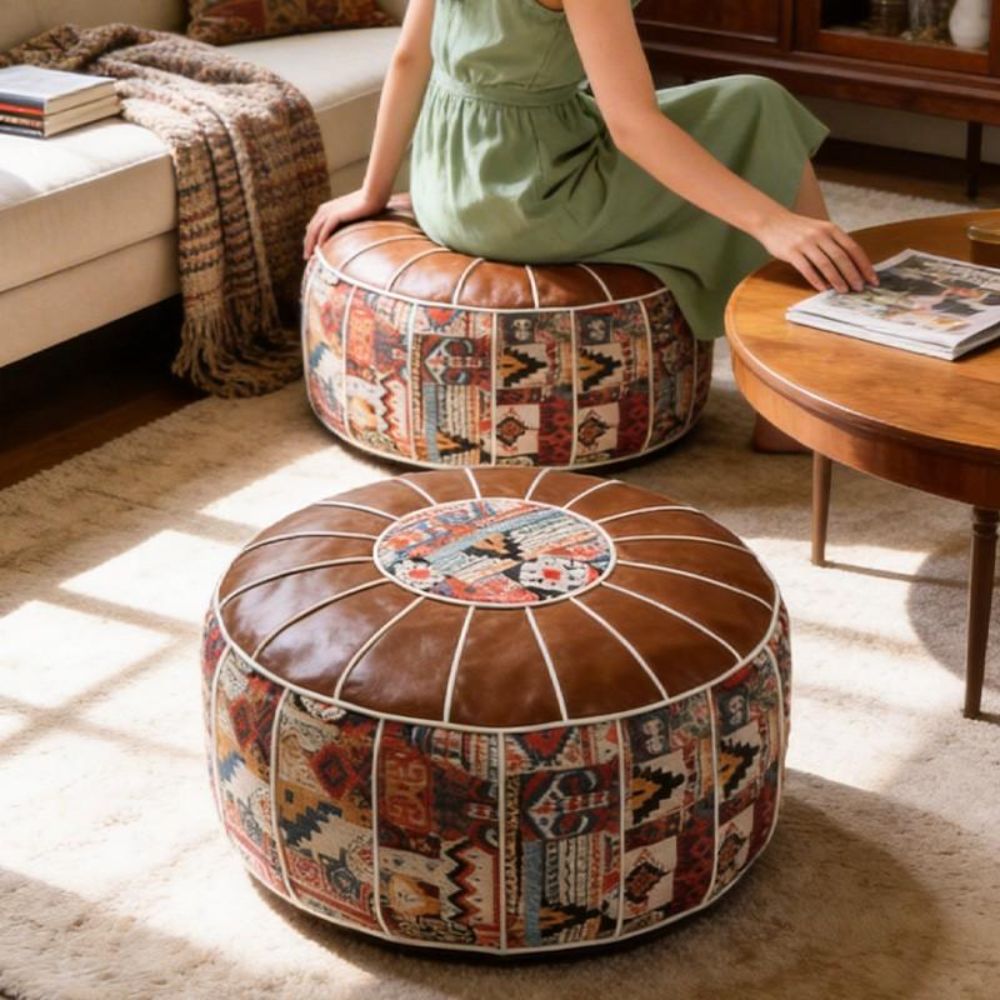 Pouf Ottoman Motif Boho Kulit  - Circle Round Bag ulasan dan harga